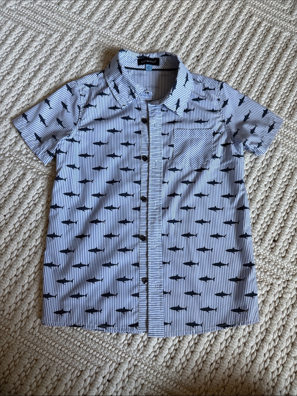 Andy & Evan Blue and Navy Striped Short Sleeve Button-Down with Shark Print
